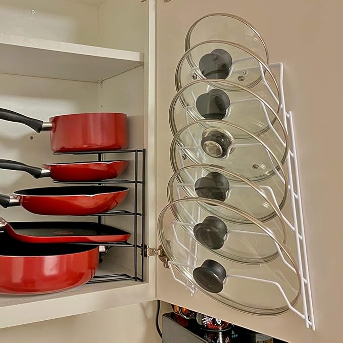 Evelots 2-in-1 Pot Lid Organizer with Towel Holder - 2 Pack, 3-Tier Cabinet Door Rack - Space-Saving Kitchen Organizer for Glass or Metal Pan Lids & Towels - Over the Door Design - Black
