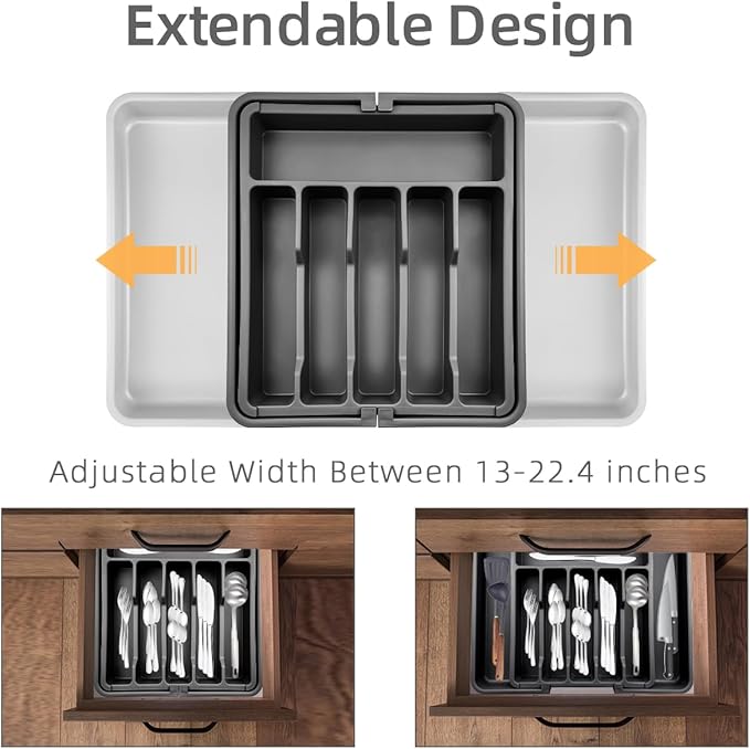 ZWANG Silverware Drawer Organizer - Expandable Kitchen Drawer Organizer,13 to 22.4 Inch Adjustable Kitchen Utensil Tray, Flatware Tableware Tray for Spoon Spatula Forks