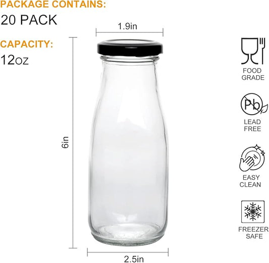 QAPPDA 12 oz Glass Bottles, Clear Glass Milk Bottles with Black Metal Airtight Lids, Vintage Breakfast Shake Container, Vintage Drinking Bottle with Whiteboard Labels and Pen for Party,Kids,Set of 20