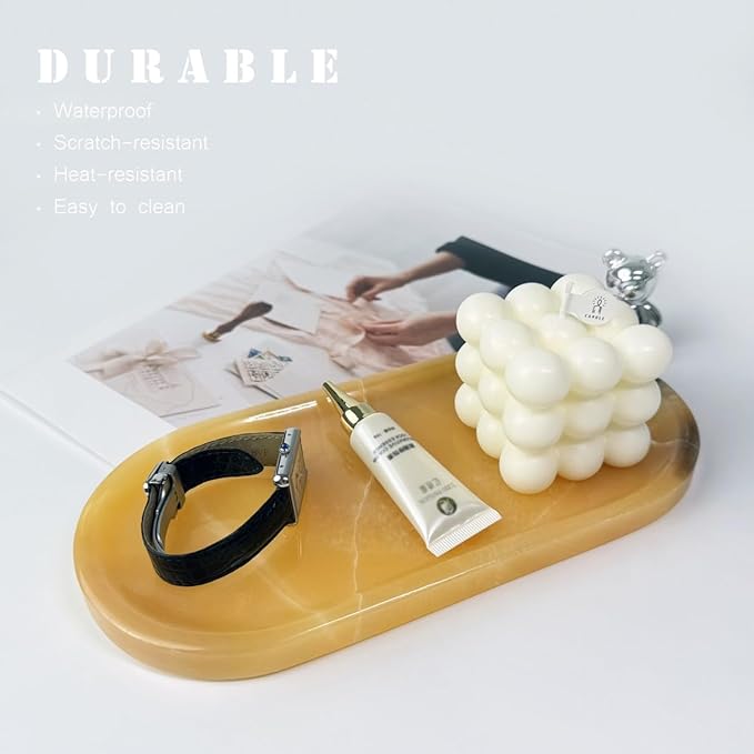 JINGJU Orange Marble Oval Tray 10"x5", Natural Stone Decorative Tray for Jewelry, Candle, Bathroom Counter, Coffee Table, Perfume Display