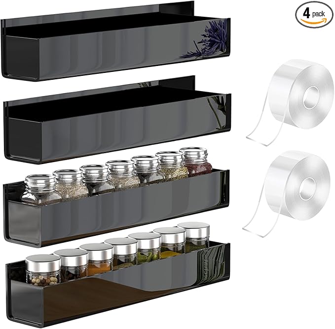 VAEHOLD 4 PACK Adhesive Acrylic Spice Rack with Nano Double Sided Tape Wall Mount Organizer (Black)