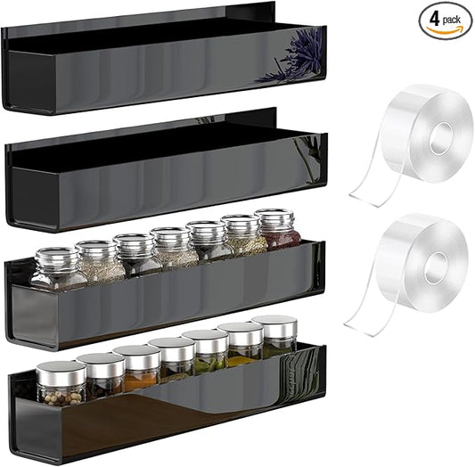 VAEHOLD 4 PACK Adhesive Acrylic Spice Rack with Nano Double Sided Tape Wall Mount Organizer (Black)