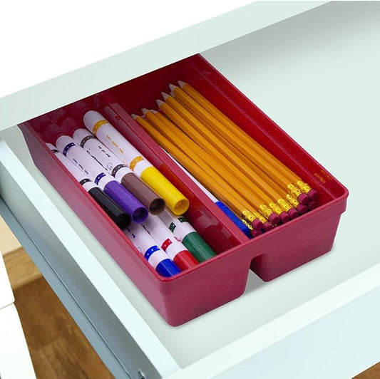 Glad Plastic Drawer Storage Tray – Heavy Duty Organizer Bin for Home, Kitchen, Bath, Bedroom, Office | Non-Slip Feet, Red, 2-Compartment