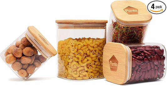 Glass Food Storage Jars Set of 4, (Square) Glass Storage Containers with Bamboo Lid Airtight For Serving Tea, Coffee, Flour, Sugar, Candy, Cookie, Spice and More
