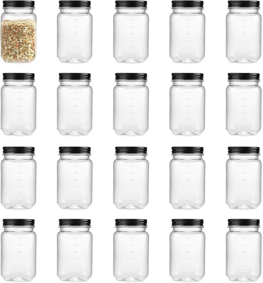 16 Ounce Clear Plastic Mason Jars With Screw On Lid, Reusable Empty Jars for Food Storage, Round BPA Free Containers for Sealing, Dry Food, Snacks, Candies, Breakage-proof, (Black - 20 Pack)
