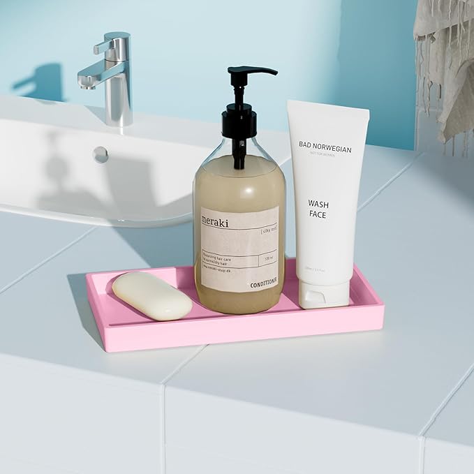 Vanity and Bathroom Tray, 7.7" ABS Countertop Organizer,Waterproof Vanity Tray for Toilet Tank,Perfume,Soap,Keys,Bathroom Accessories,Kitchen and Bath Trays,Non Slip Small Trays,Pink