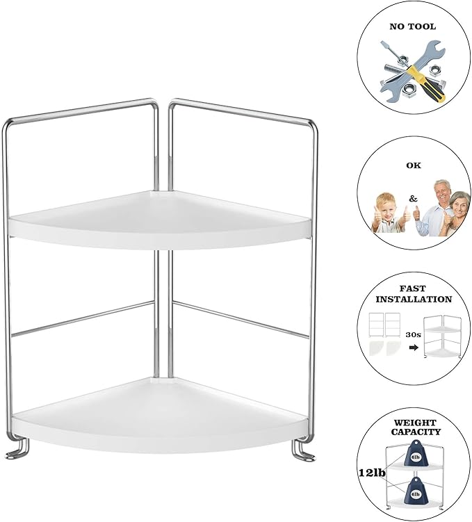 2-Tier Bathroom Countertop Organizer - Vanity Tray Cosmetic & Makeup Storage- Kitchen Spice Rack Standing Shelf - Corner Storage Shelf, Silver