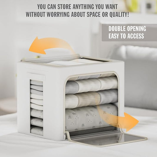 2 Pack Clear Window Storage Bins Large Stackable Linen Fabric Storage for Clothes Foldable Container Organizer Set with Carrying Handles (Lvory White, 15.7x 11.8x 11.7Inch)