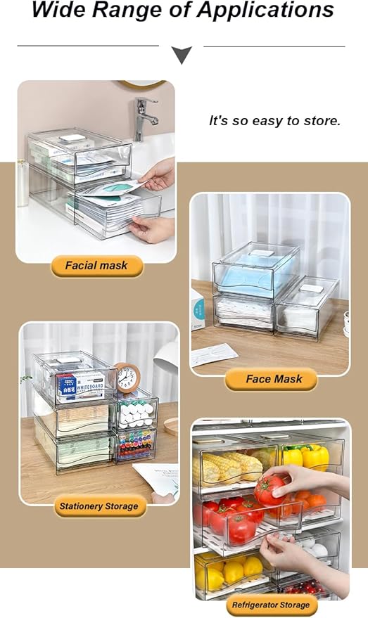 Refrigerator Organizers and Storage Drawer, Stackable Fruit Storage Containers for Fridge, Reusable Fridge Organizer fit for Kitchen Refrigerator and Restaurant Freezer (2 Drawers, Large)