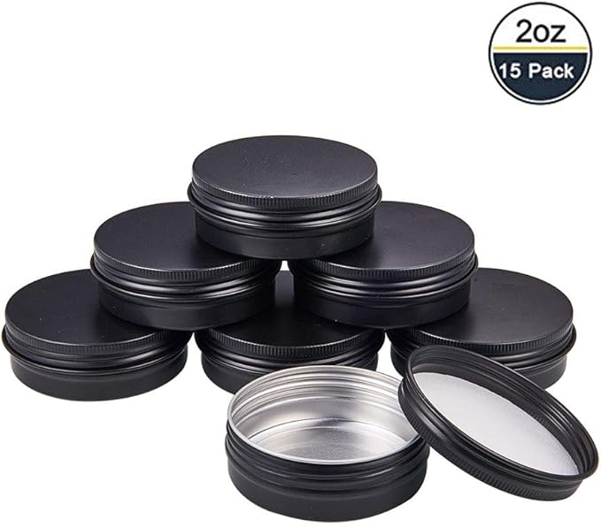 BENECREAT 15 Pack 2 OZ Tin Cans Screw Top Round Aluminum Cans Screw Containers Tins with Lids- Great for Store Spices, Candies, Tea or Gift Giving (Black)