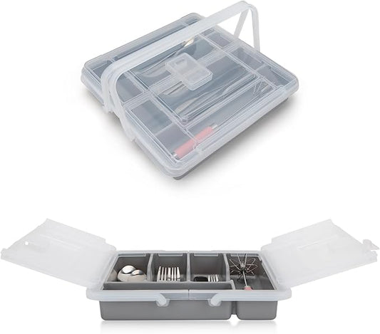 Portable Utensil Holder for Countertop with Lid & Handle, Plastic Silverware Tray for Drawer Flatware Organizer, Gray