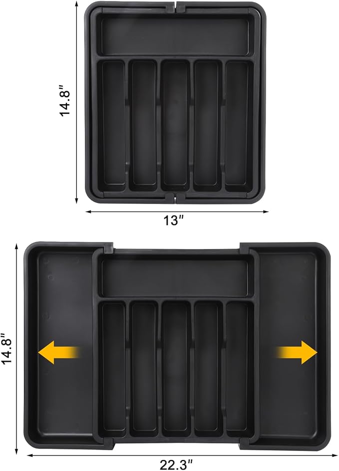 Houseware Expandable Kitchen Drawer Flatware Organizer,Silverware Organizer Utensil Drawer Cutlery Tray, Black