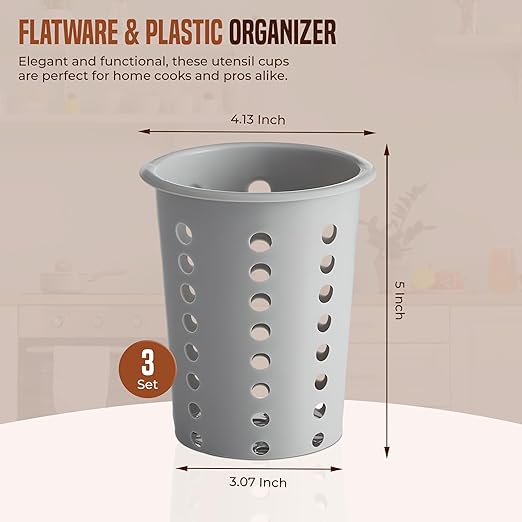 OCS Parts Perforated Utensil Drying Cups | Gray | Set of 3 | Plastic Flatware Holder Cylinders for Kitchen Counter Organization