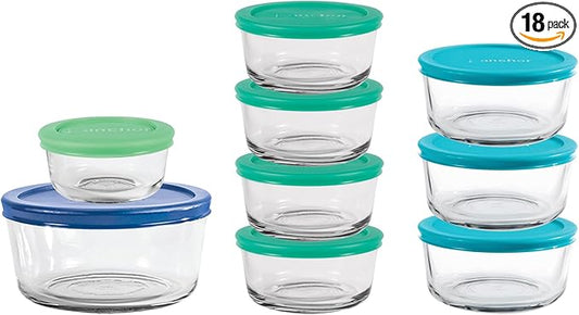 Anchor Hocking 18 Piece Glass Storage Containers with Lids (9 Glass Food Storage Containers & 9 Mixed Blue SnugFit Lids)
