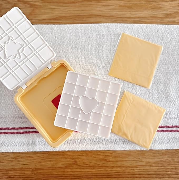 Sliced Cheese Container with Fun Slicing Stamp Cutter – Made in Korea, Storage Box for Fresh Cheese – Compact Fridge Organizer with Cute Shapes for Kids BPA-Free Kitchen Gadget