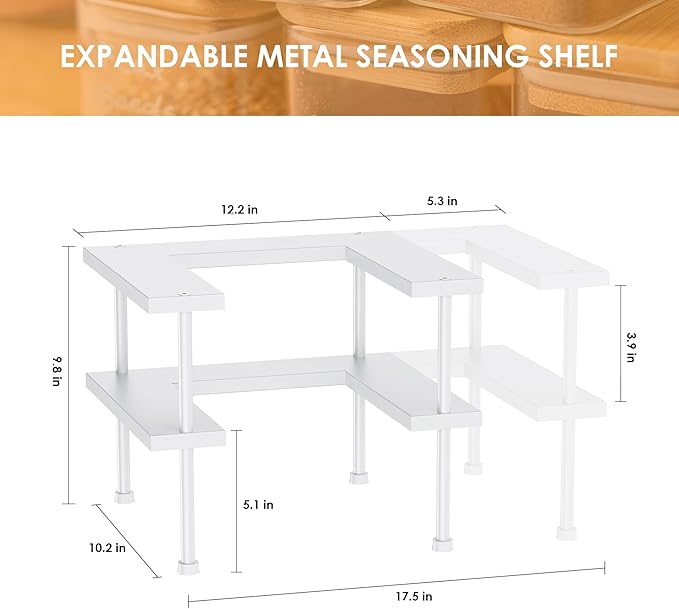 DOLALIKE Expandable Spice Rack Organizer, Stackable Cabinet Shelf Organizer Rack, Space Saving Kitchen Seasoning Organizer Storage for Home Pantry Cupboard (White)