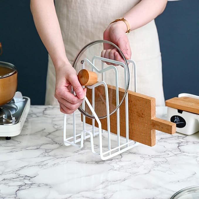 SUNFCON Cutting Board Rack Chopping Board Organizer Pot Pan Lids Holder Thin Bakeware Baking Tray Drying Display Stand Kitchen Countertop Cupboards Cabinet Office Sturdy Metal 4.92x5.7x8.47 in.White