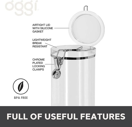 OGGI Medium-Sized Clear Canister with Clamp Lid, 61 oz - Large Airtight Food Storage Container, for Kitchen & Pantry Storage of Bulk, Dry Foods, Pasta, Flour, Sugar, Coffee, Rice, Tea, Spices & Herbs