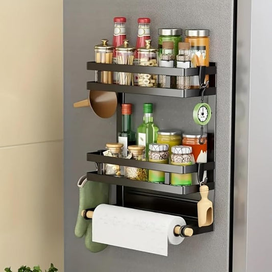 Magnetic Spice Rack for Refrigerator, Magnetic Shelf for Fridge Magnet Organizer Moveable Magnetic Paper Towel Holder with 8 Hooks for Kitchen Oven Space Saving (Black)