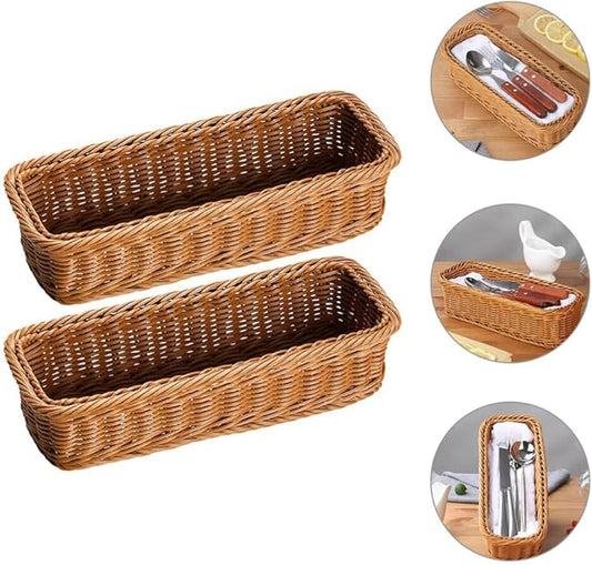 Cabilock 2pcs Wicker Rectangular Woven Baskets Bins Rattan Woven Utensils Holder Cutlery Organizer for Countertop Chopsticks Storage
