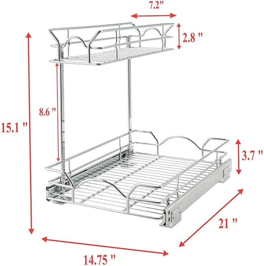 OCG Under Sink Cabinet Organizer Two Tier Pull Out Shelf (14.75W x 21D), Under Sink Sliding Shelf for Kitchen Bathroom Cabinet 2 Tier Chrome