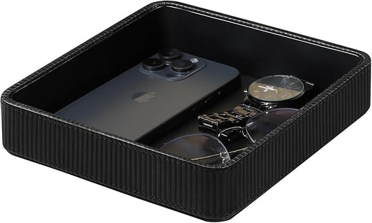 PU Leather Valet Tray Organizer, Small Nightstand Organizer Bedside Desktop Storage for Womens and Men, Perfume Trinket Catchall Vanity Tray for Key Watch Wallet (Black, Square)