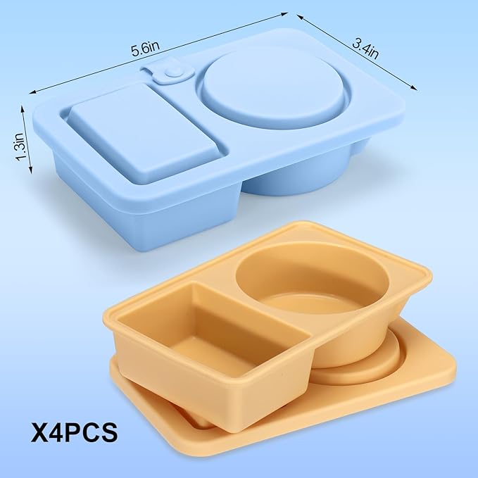Palksky Silicone Snack Container with Lids, 4Pack 2/Tow/Double Compartment Snackle Box Containers, Reusable Condiment Containers, Small Mini Food Snack Boxs