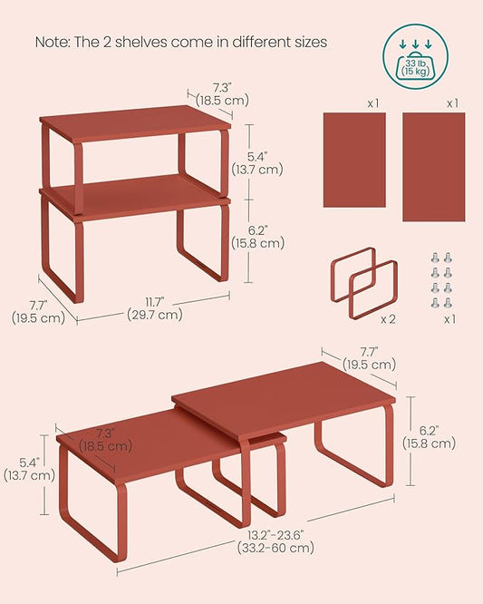 SONGMICS Cabinet Organizer Shelf, Set of 2 Kitchen Counter Shelves, Kitchen Storage, Spice Rack, Stackable, Expandable, Metal and Engineered Wood, Mandarin Red UKCS002Y02