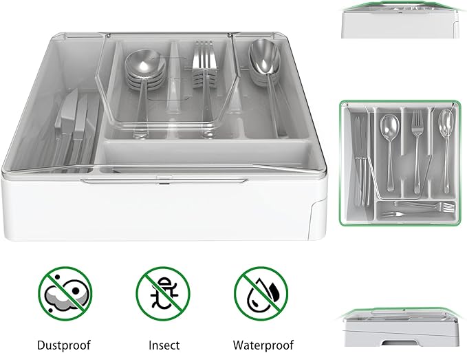 Double Layer Silverware Tray with Lid, Utensil Holder for Countertop Flatware Organizer for Kitchen Drawers with 2 Tier Cutlery Tray and 9 Compartments Silverware Storage Bin (White)