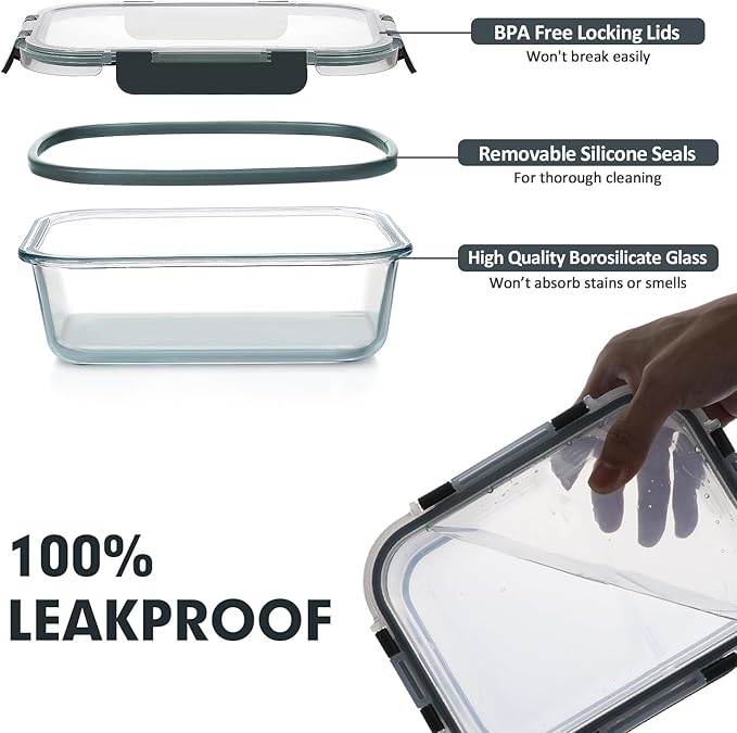 VERONES 30 Pieces Glass Meal Prep Containers Set, Stackable Glass Food Storage Containers with Lids-Airtight Glass Lunch Containers，for Microwave, Oven, Freezer & Dishwasher,Grey