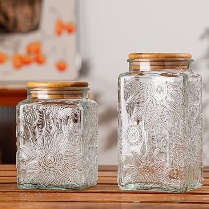 ANSQU Set of 2 Vintage Glass Storage Jars, Glass Food Storage Containers(25.3oz/23.7oz), Candy Jars with Lids for Kitchen Coffee, Tea, Cookie, Sugar, Bath Salts, Cute Jar