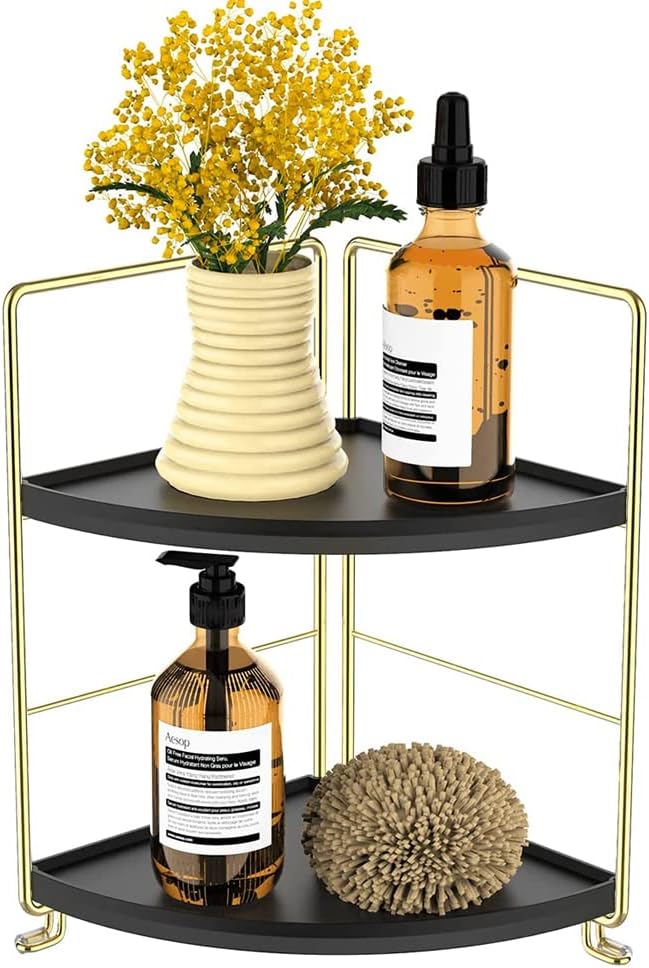 Kitchen Spice Rack Standing Shelf, 2-Tier Corner Storage Shelf, Bathroom Countertop Organizer, Vanity Tray Cosmetic & Makeup Storage,Gold&Black
