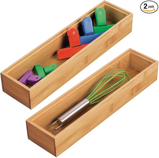 mDesign Slim Wooden Bamboo Drawer Organizer - 12" Long Stackable Storage Box Tray for Kitchen Drawers/Cabinet - Utensil, Silverware, Spatula, Flatware Holder - Echo Collection, 2 Pack, Natural Wood