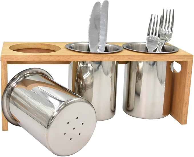 Flatware Caddy Stainless Steel Cutlery Holder with Wood Base