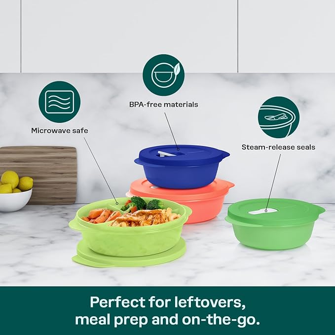 Tupperware CrystalWave PLUS 4 Piece Round Food Storage Container Set in Multi Colors, Dishwasher Safe and BPA Free (4 Bowls, 4 Lids)