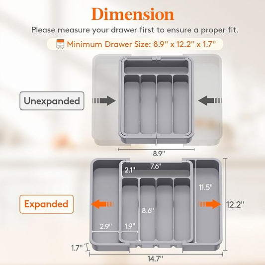 Lifewit Silverware Drawer Organizer, Expandable BPA Free Utensil Tray for Kitchen, Adjustable Flatware and Cutlery Holder for Spoons Forks Knives, Plastic Kitchen Organizers and Storage, Gray