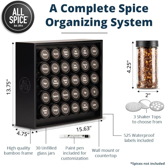 AllSpice Wood Spice Rack, 525 Unique Labels, Countertop or Wall Mount, Includes 30 4oz Jars- Matte Black