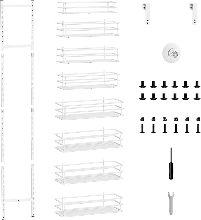 Pantry Door Organizer 12 Inch Wide, 8 Tier Hanging Adjustable Over the Door Spice Rack For Narrow Space,Matt White