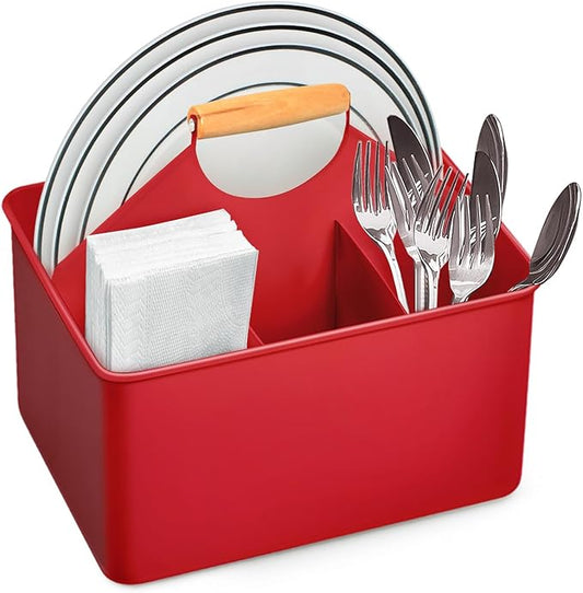 Plexon Red Metal Caddy, Table Utensil Caddy with Handle, Galvanized Steel Utensil Holder for Party, Metal Flatware Caddy Large Silverware Organizer Countertop for Kitchen Garden Patio Bathroom