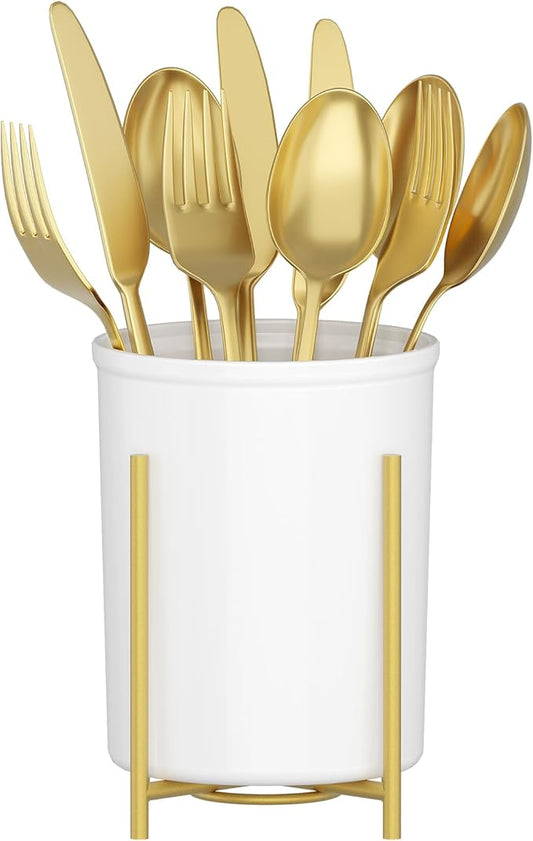 Lifewit 1-Pack Plastic Silverware Holder for Kitchen Countertop, Cutlery Flatware Caddy with Metal Bracket, Utensil Spoon Fork knives Organizer for Party Picnic, Gold