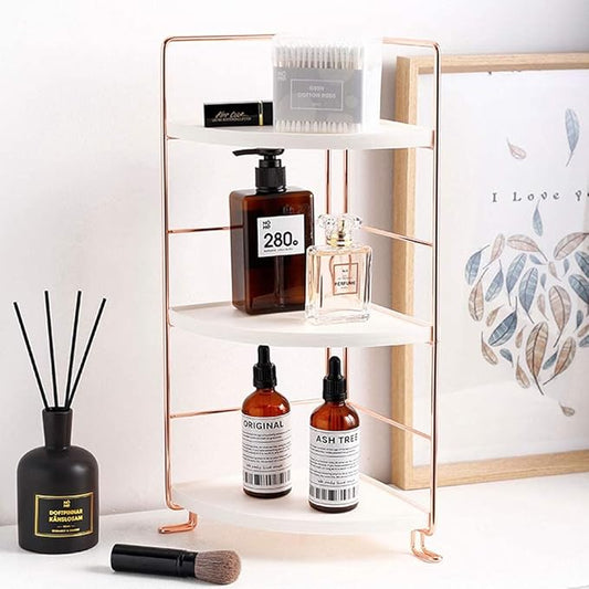 3-Tier Bathroom Countertop Organizer - Vanity Tray Cosmetic & Makeup Storage- Kitchen Spice Rack Standing Shelf - Corner Storage Shelf, Rose Gold
