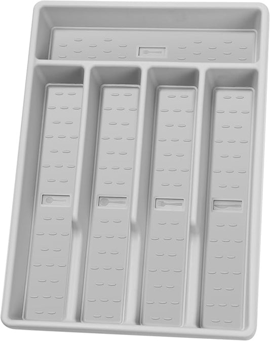 Silverware Organizer with Cutlery Icons，Silverware Tray for Kitchen Drawer，Plastic Flatware Tableware Cultery Drawer Organizer Utensil Organizer with Non-slip TPR Linings，5-Compartment，Grey