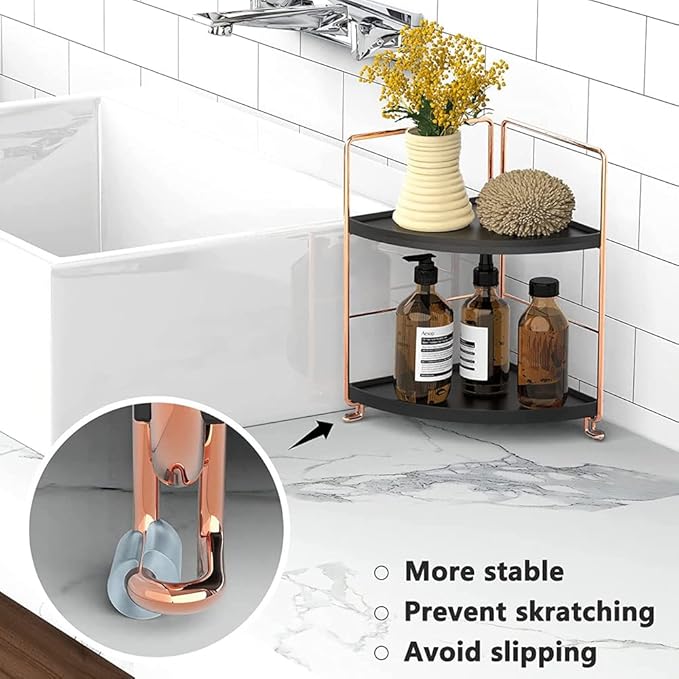 Kitchen Spice Rack Standing Shelf, 2-Tier Corner Storage Shelf, Bathroom Countertop Organizer, Vanity Tray Cosmetic & Makeup Storage,Rose Gold&Black