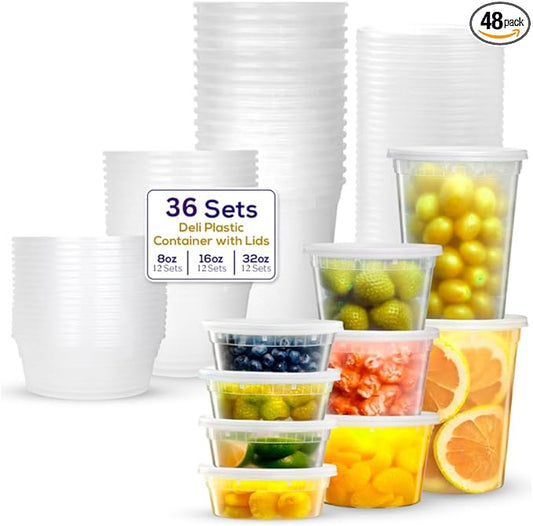 Supreme Deli Plastic Storage Containers with Lids 8oz, 16oz, 32oz [16 sets of each - 48 combo pack] Reusable Food Containers - Microwavable & Freezer friendly - Dishwasher safe - Secure fitting Covers