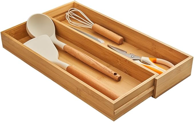 Bamboo Expandable Drawer Organizer for Utensils,16" Utensil Holder and Cutlery Tray.