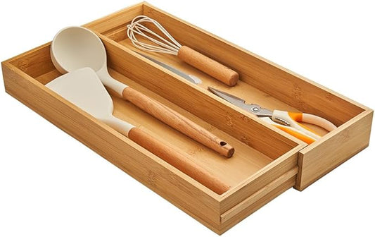 Bamboo Expandable Drawer Organizer for Utensils,16" Utensil Holder and Cutlery Tray.