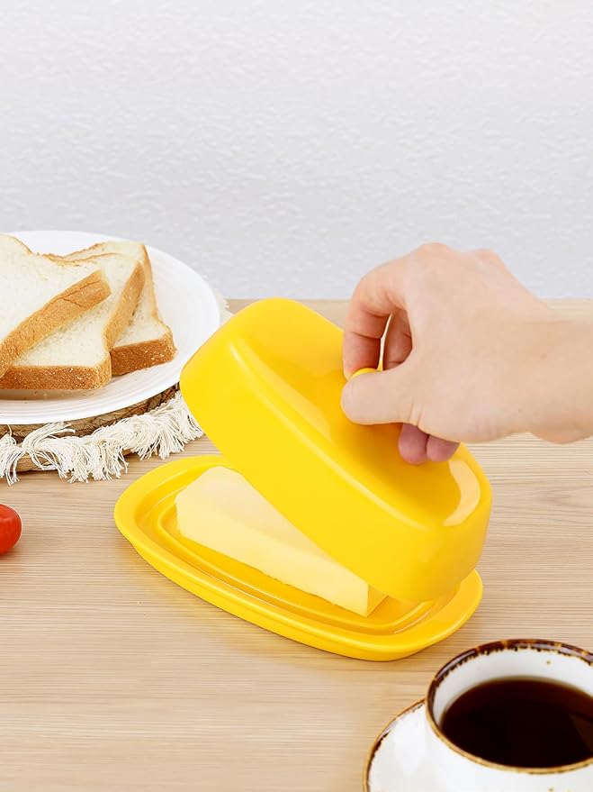 Yedio Ceramic Butter Dish with Lid for Countertop Refrigerator, 8 Inch Butter Holder with Porcelain Cover Knob Handle for East West Coast Butter Stick, Yellow