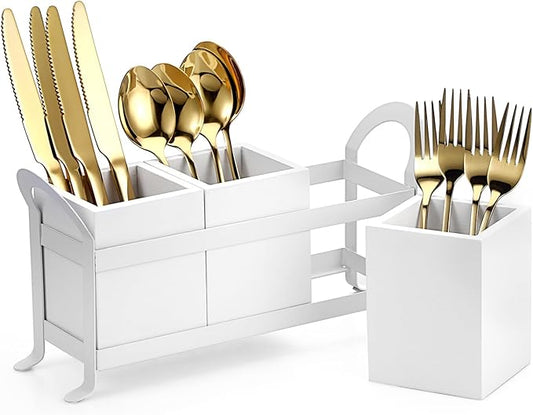 Wooden Utensil Caddy, Wood Silverware Holder with 3 Compartment, Farmhouse Kitchen Flatware Organizer with Metal Portable Handle, Utensil Cutlery Organizer for Forks Spoons Knives, White