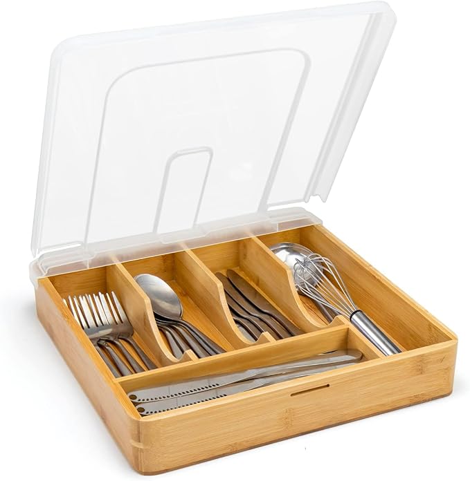 Bamboo Silverware Organizer,Wooden Silverware Tray for Drawer, Utensil Drawer Organizer in Kitchen for Spoons Forks Knives, Multipurpose Use, Eco-Friendly, Large