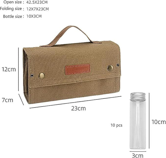 Travel Spice Kit, Portable Spice Bag with 10 Spice Jars, Canvas Seasoning Storage Bag Organizer, Seasoning Bottle Holder with Mini Condiment Bottle, Condiment Container Set for Outdoor Camping BBQ.